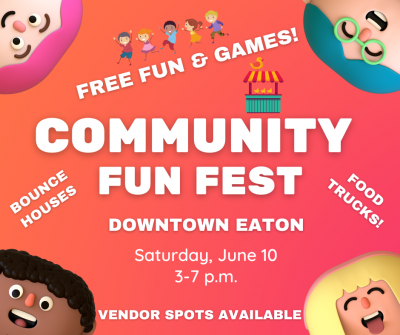 Community Fun Fest graphic with cartoon faces, text