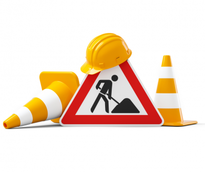 Street reconstruction project set to begin. Image of cones, hard hats, sign.